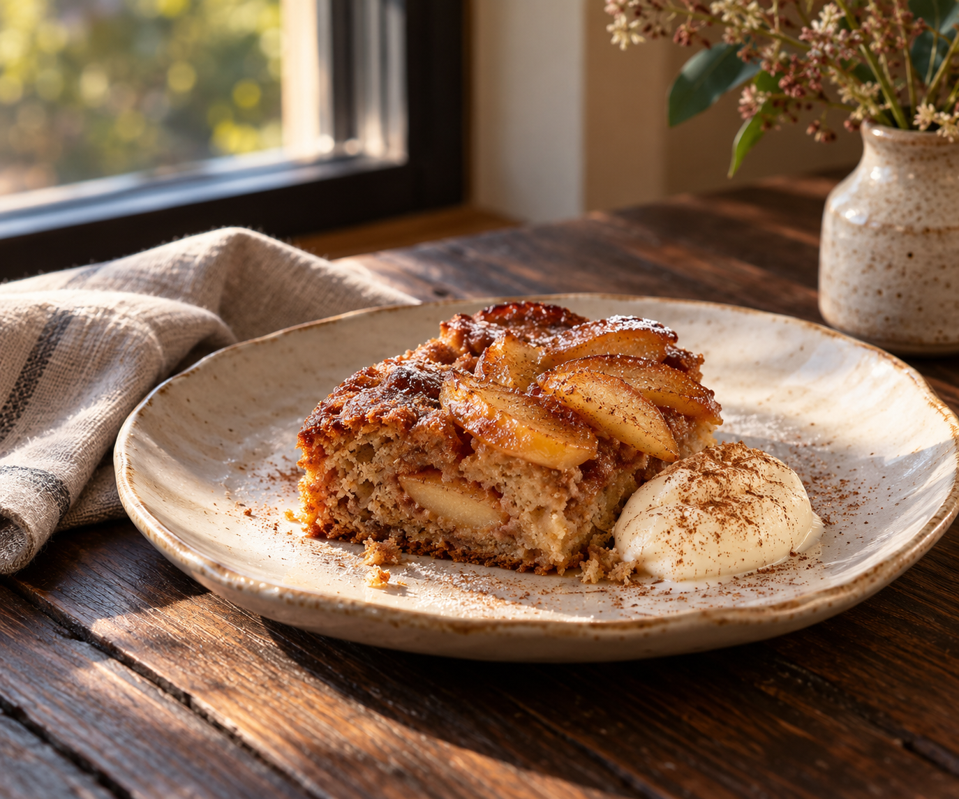 Warm apple cake with cinnamon and a spoonful of cream on handmade ceramic