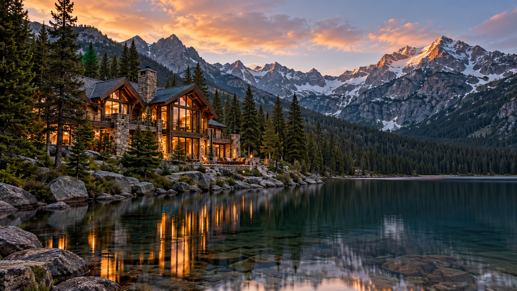 Illustrative alpine lodge with warm windows beside a still lake and mountain peaks at sunset