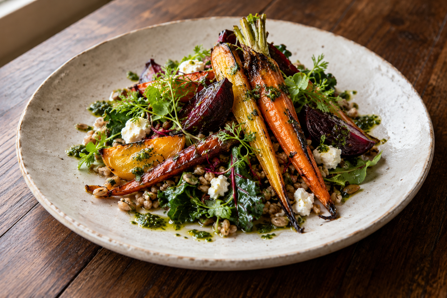 Roasted heirloom carrots and beetroot with warm grains, herbs and soft cheese on ceramic