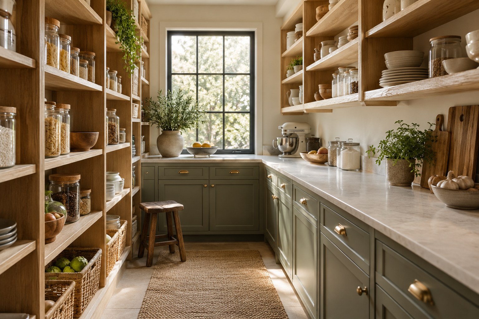 Concept pantry with oak shelving and olive cabinetry - generated concept photograph