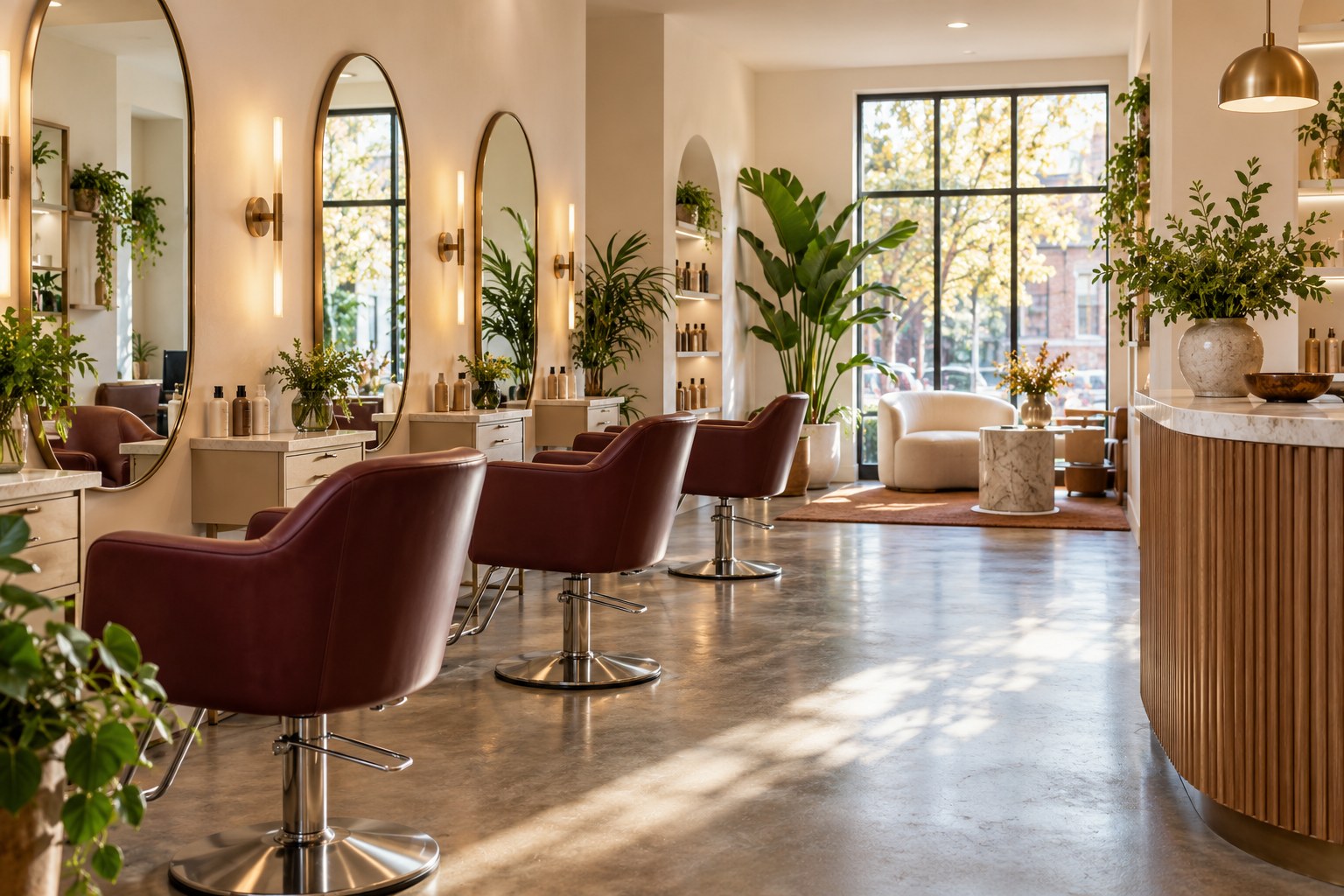 Fictional independent salon with burgundy chairs, oval mirrors and natural daylight