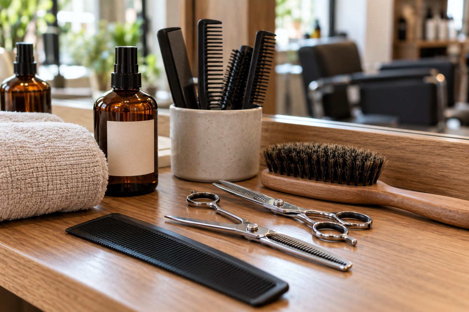 Styling scissors brushes and combs arranged on an oak salon station - generated concept photograph