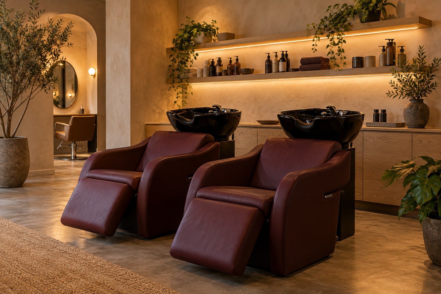 Concept salon wash area with burgundy chairs and black basins - generated concept photograph